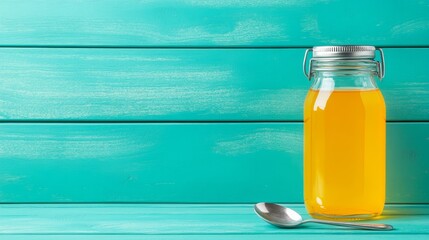 Obraz premium Glass of freshly squeezed orange juice with spoon, a healthy and refreshing start to your day