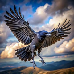 Obraz premium Dark Raven Soaring Through Clouds, Mountain Landscape, Bird of Prey, Raven