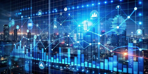 Fototapeta premium Cityscape with Futuristic Data and Graph Overlay, Technology, Urban Planning, Business, Analytics, Data Visualization, Growth
