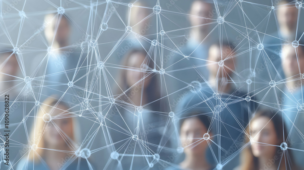 Poster abstract network: interconnected individuals in a blurred 3d digital space