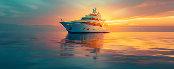 Fototapeta premium Luxury Yacht Sailing on Calm Ocean Waters at Sunset, Golden Hour Reflection, Serene Seascape