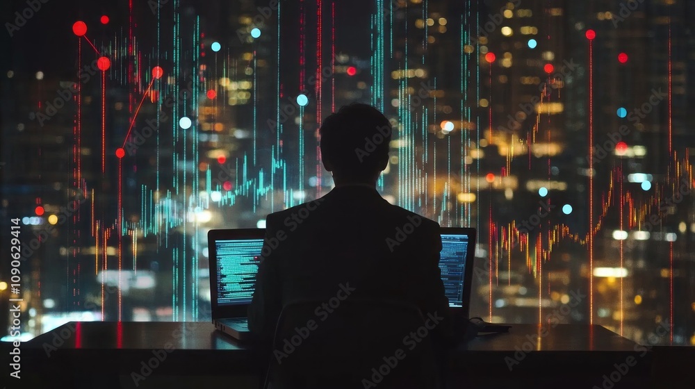 Poster a man is sitting at a desk with two laptops in front of him