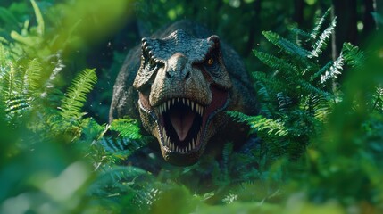 Obraz premium Tyrannosaurus rex roars in lush jungle wildlife photography nature exploration close-up view dinosaurs and ecosystems