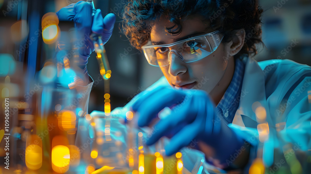 Poster focused scientist carefully pipetting liquid sample in illuminated lab setting