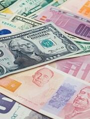 Fototapeta premium A collection of various currency notes from different countries arranged together.
