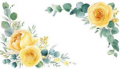 Watercolor Floral Corner Border Yellow Roses and Golden Peony with Eucalyptus Greenery for Elegant Invitations