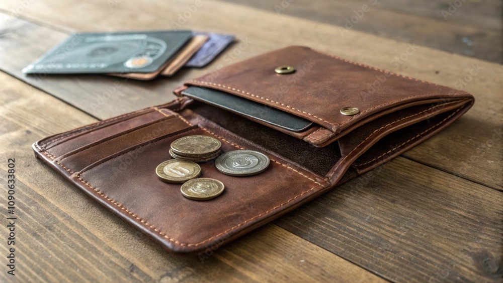 Poster empty wallet an open wallet lying on a table with only a few coins inside symbolizing depleted finan