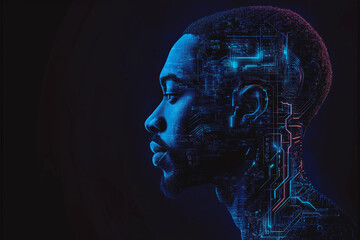 Profile of a man with digital circuits showcasing technology integration in human identity