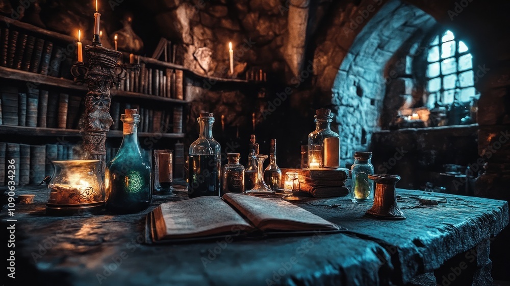 Poster here's a description and keywords for the image.. mystical alchemist's study with ancient books, glo