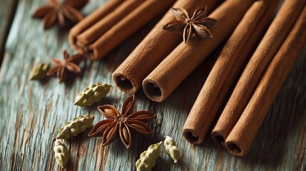 Close up view of an assortment of fragrant cinnamon sticks and star anise arranged on a rustic wooden table