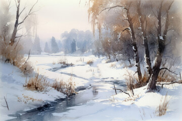 Fototapeta premium A winter landscape done in watercolor style. A small river with frozen sections meanders among snow-covered banks. 