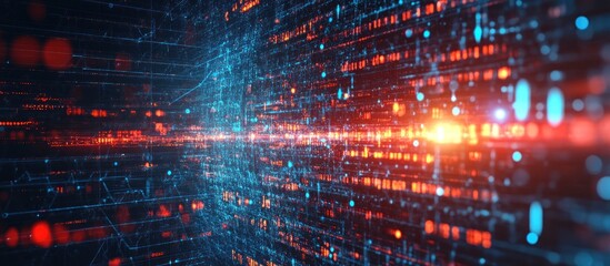 Obraz premium Abstract digital data stream flowing through cyberspace, glowing with orange and blue light.