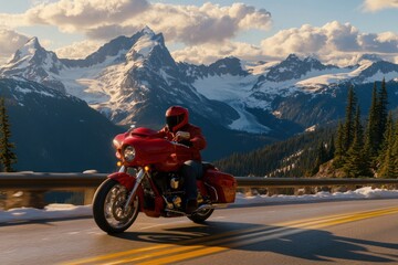 A lone motorcyclist rides along a winding mountain road with snow-capped peaks in the background.