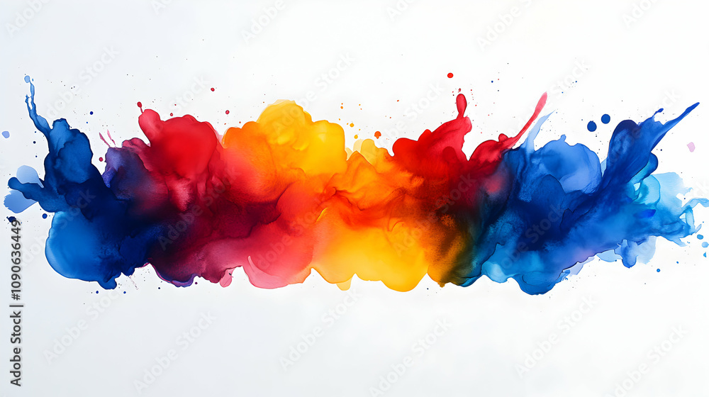 Poster abstract watercolor background with blue, red and yellow splashes and blobs on white canvas