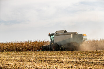 Combine harvester at work in a dry corn field under a cloudy sky