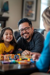 Fototapeta premium Latin family playing board game together indoors