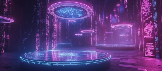 Futuristic neon-lit chamber with glowing platforms and digital data streams.