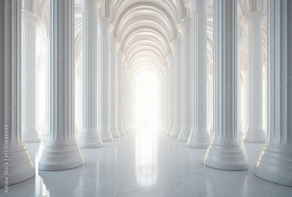 Poster bright and elegant corridor with tall white columns and arched ceilings creating a serene atmosphere