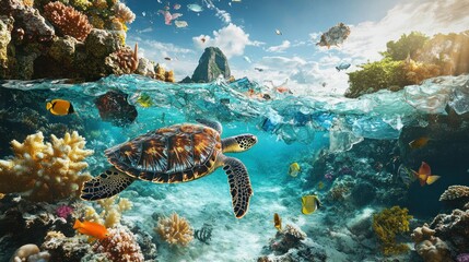 Obraz premium A sea turtle has difficulty swimming in water contaminated with plastic waste and debris background wallpaper AI generated image