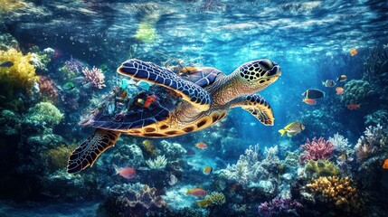 Fototapeta premium A sea turtle has difficulty swimming in water contaminated with plastic waste and debris background wallpaper AI generated image