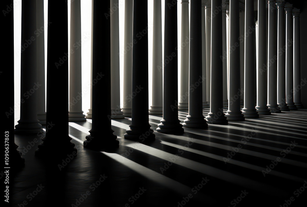 Poster majestic columns in monochromatic light casting dramatic shadows in an architectural space highlight