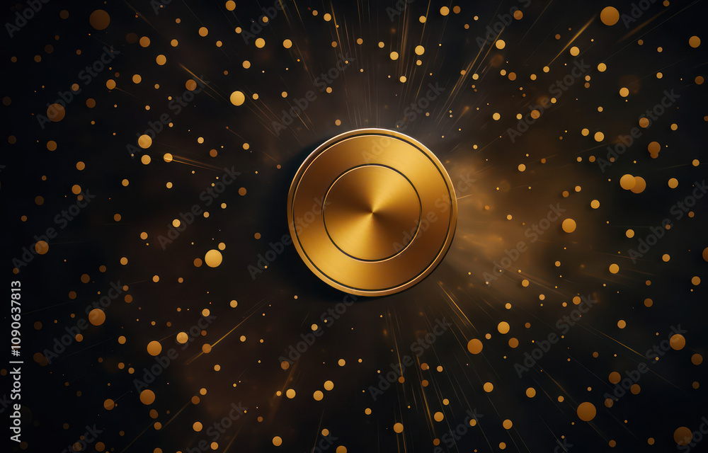 Poster glimmering golden circle with radiating light and sparkling particles on a dark background creating 