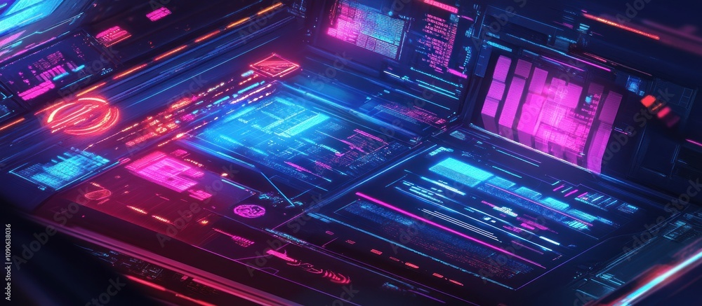 Poster futuristic digital interface with glowing neon screens displaying data streams and graphics.