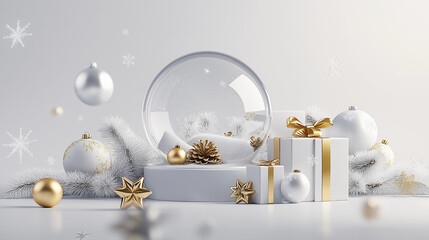 Elegant Winter Holiday Scene Featuring Floating Snowflakes and Golden Ornaments