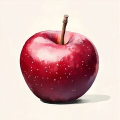 A vibrant red apple with a stem, showcasing detailed texture and color variations, set against a plain white background.