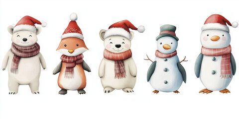 Cute Holiday Set with Polar Bear, Fox, Penguin, Snowman, and Santa