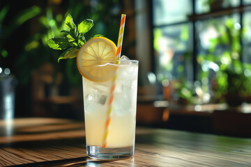 A cold glass of lemonade with a bright paper straw, set on a rustic wooden table, celebrating the charm of eco-friendly straw alternatives