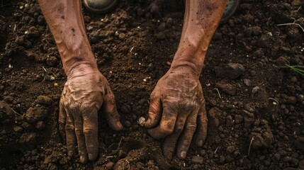 Obraz premium Farmer Hands. Male Hands working on Dirty Soil with Land in Background