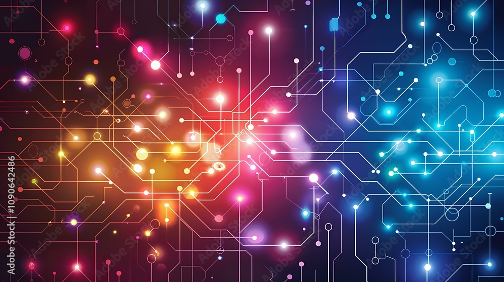 Poster a futuristic technology-themed circuit design featuring symmetrical patterns of glowing data connect