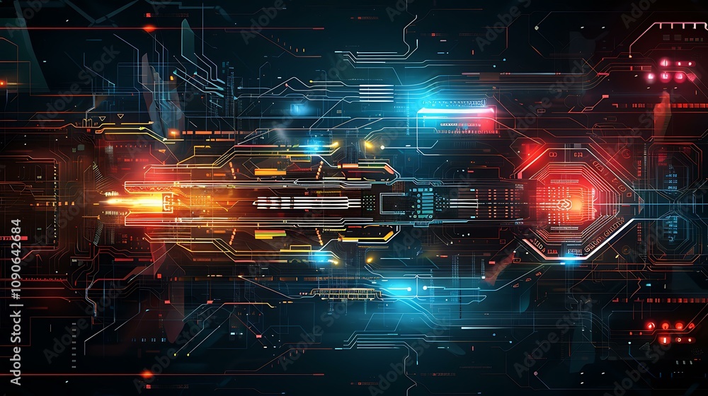 Poster a visually striking circuit technology background with layers of interconnected lines and nodes, enh