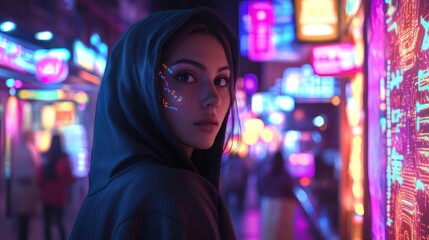 Obraz premium A hooded fused cyberpunk woman covered in bright holograms and flashing runes background wallpaper AI generated image