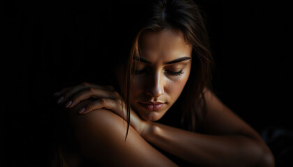 Serene Woman in Low Light with Eyes Closed, Reflecting Inner Peace and Emotional Tranquility in a Contemplative Portrait