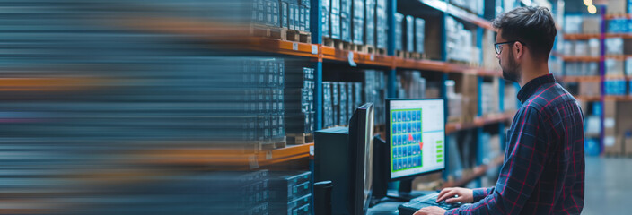 Warehouse manager using warehouse management software with scanner.