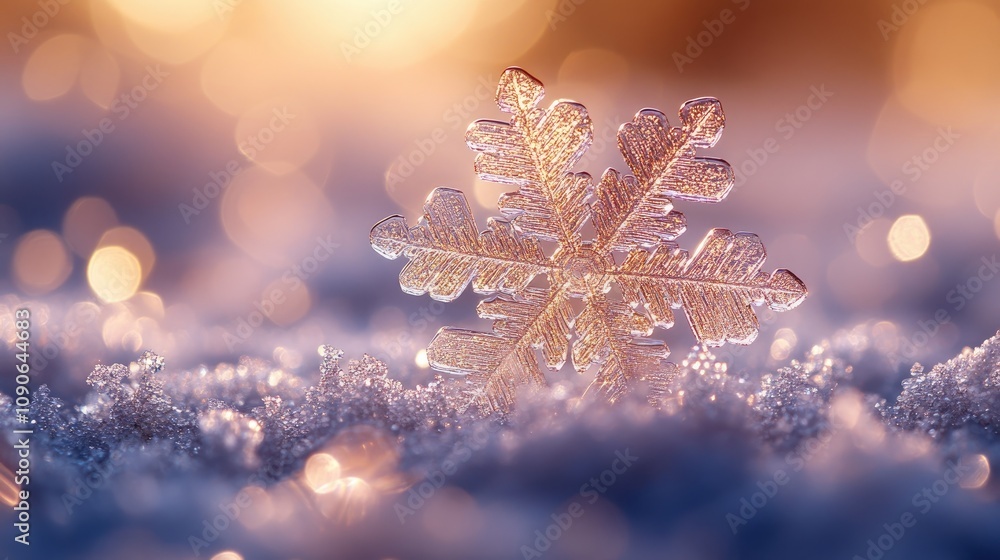 Poster a beautiful snowflake sparkles in the sunlight. this image is perfect for winter and holiday themes,