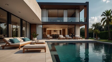 Fototapeta premium Modern luxury villa with large glass windows overlooking a tranquil pool on a sunny day