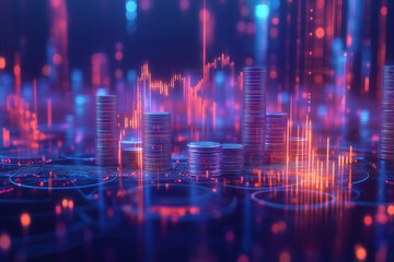 A futuristic concept featuring holographic rising graphs above stacks of coins, representing advanced business strategies leading to financial success