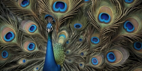 Obraz premium A detailed close-up of vibrant peacock feathers, showcasing their iridescent colors and intricate eye patterns in rich shades of blue, green, and gold.