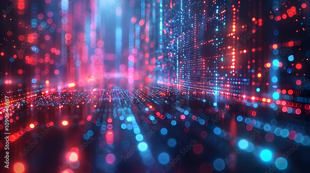 Poster abstract 3d digital cityscape: red and blue glowing particles flowing dynamically in a futuristic se