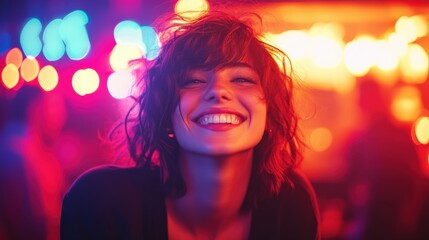 Naklejka premium Joyful Young Woman in Vibrant Neon Lighting at a Night Party