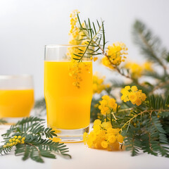 Mimosa cocktail with mimosa sprig on white background