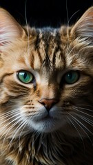 Close-up of a cat's muzzle on a black background. Horizontal photo