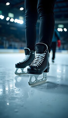 Skater in black ice skates with focused mood skating on ice rink background
