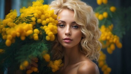 Portrait of a young beautiful woman in a mimosa. Curly blonde posing with mimosa flowers