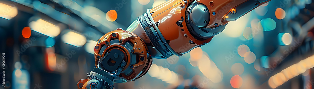 Poster 3d render of a robotic arm, precisely engineered, moving with efficiency against a blurred cityscape