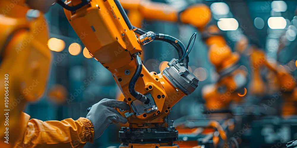 Poster close-up of industrial robotic arm in factory setting, worker interacts with advanced automation tec