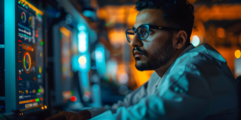 Focused IT Specialist Analyzing Data on Computer Screen in Dark Room, Night Shift Work, Concentrated on Digital Information